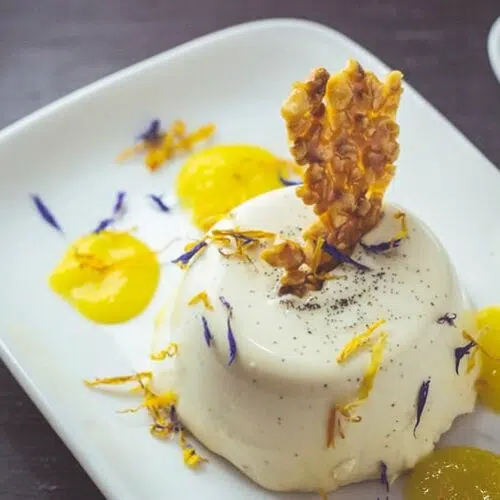 Panna Cotta auf Mangopüree mit selbst gemachtem Haselnusskrokant