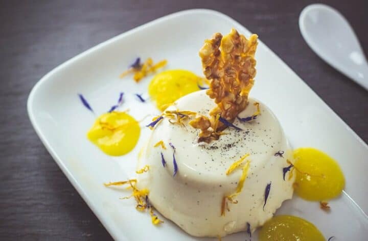 Panna Cotta auf Mangopüree mit selbst gemachtem Haselnusskrokant