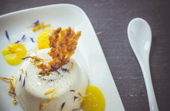 Panna Cotta auf Mangopüree mit selbst gemachtem Haselnusskrokant