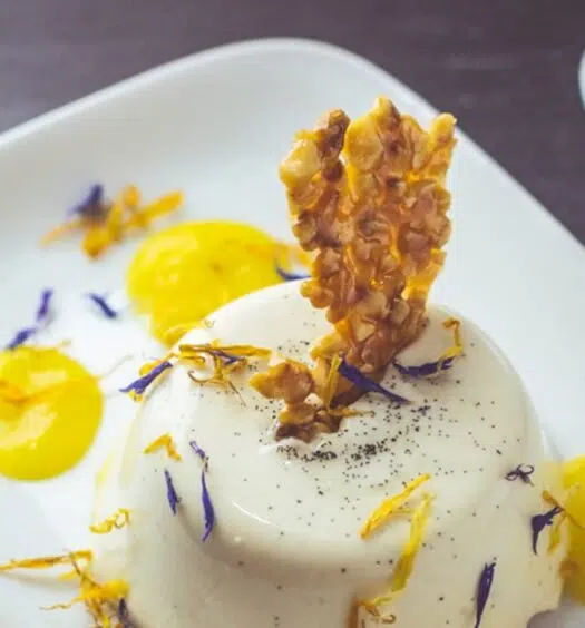 Panna Cotta mit Tonkabohnen und Mangopüree