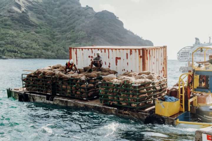 Seemänner der Aranui entladen Waren auf Tahuata
