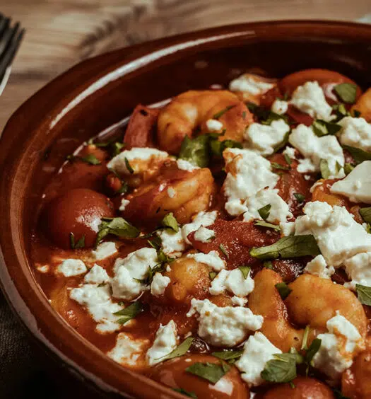 Griechisches Garnelen-Saganaki mit Tomaten und Feta